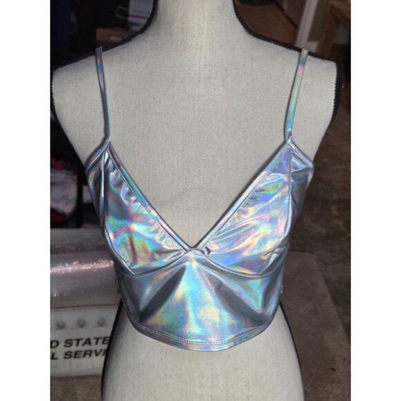Holographic Silver Crop Top *Tube Bra*Adj Straps*Femboy*Sissy*Cosplay*L*NIP - Picture 6 of 11